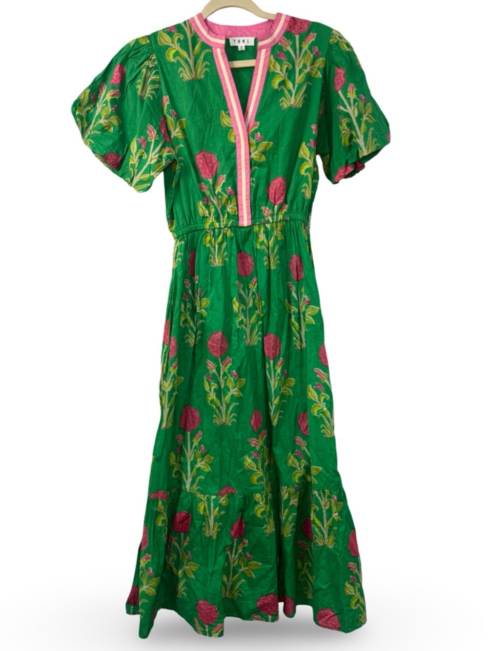🌺🍋🟩THML Green Floral Maxi Dress with Pink Trim embroidered boho puff sleeve - Picture 3 of 10